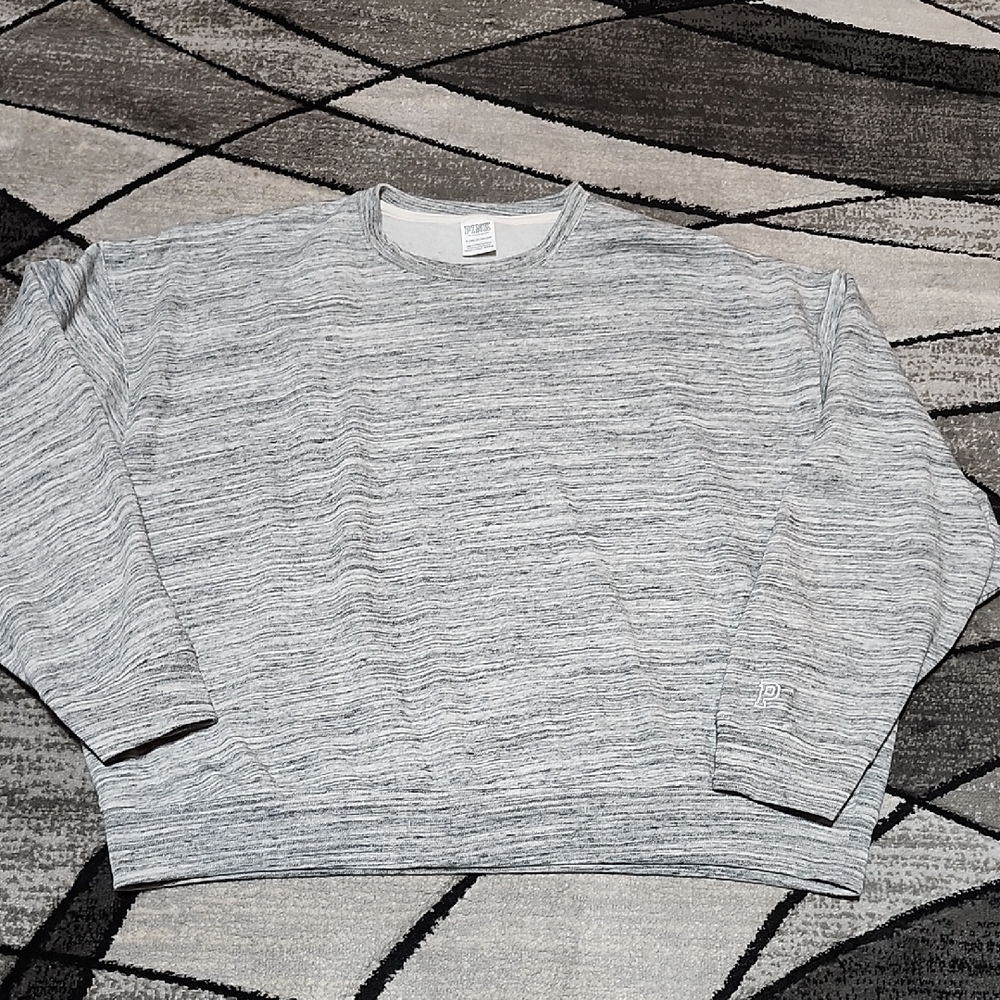 VS PINK 2021 CAMPUS EMBROIDERED HEATHERED GRAY FLEECE CREW-NECK SWEATSHIRT XL